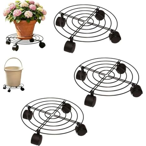 Lot de 4 supports pour plantes avec roues, 30 cm, en métal, avec 4 roulettes pivotantes, chariot à plantes facile à manipuler avec roulettes verrouillables pour pots, arbres (argent – 3 pièces) (1/5)