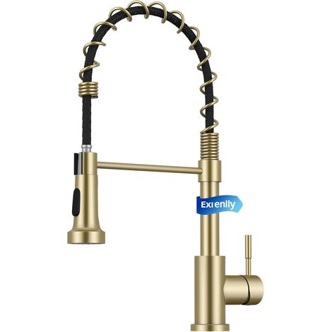 Robinet de Cuisine, Mitigeur de Cuisine Commercial à Ressort, Robinet à Simple Levier en Acier Inoxydable avec Bec Pivotant 360° et 2 Modes de Pulvérisation, Or Brossé (1/5)