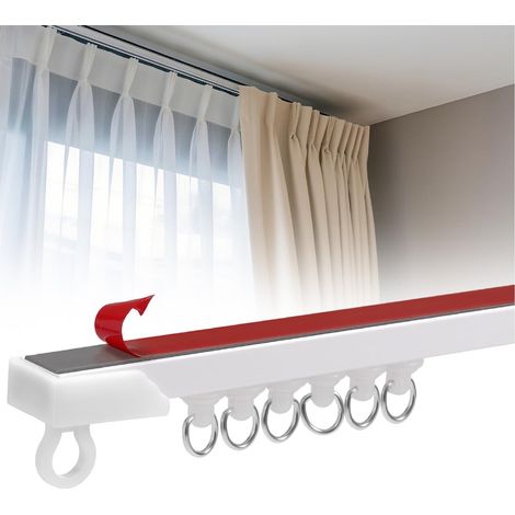 Tringle à rideaux auto-adhésive, 1 m, avec 10 roulettes, rail de rideau fixé au plafond, convient aux salles de bains, chambres et camping-cars. (1/5)
