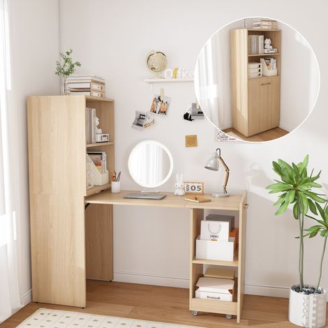 Bureau extensible avec armoire de rangement, bureau pliant gain de place avec étagères réglables et plateau extensible, chêne naturel clair, pour chambre à coucher et bureau (Bureau de bureau) (1/5)