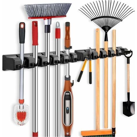 Lot de 2 supports muraux pour balai, support mural pour appareil avec 5 supports et 6 crochets, support pour balai, porte-outils, porte-outils de jardin, organisateur pour la maison, la cuisine, la sa (1/4)