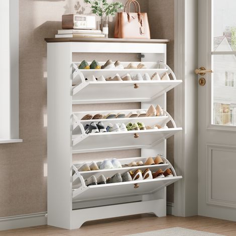 Schuhschrank mit 3 Klappen und Gedämpfter Schließung, für Eingangsbereich, MDF Weiß, 87 x 26 x 120 cm (1/5)