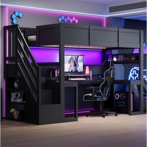 Cama alta gamer 90x200 cm negra de MDF y contrachapado con escritorio LED - MEUBLIV (1/5)