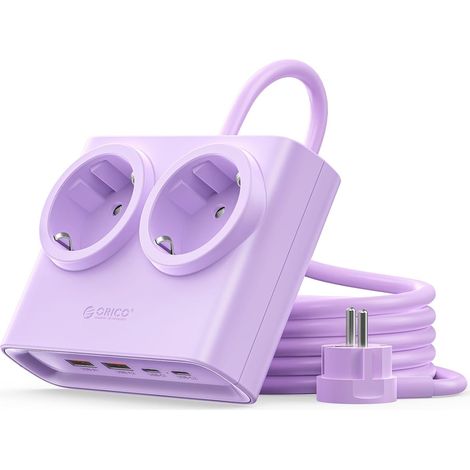 Multiprise Rallonge, 2 Prises avec 4 USB (2 USB-C) Fiche Ultra-Mince, Câble 1.6m, 2500W Max pour Maison/Bureau, Violet (1/5)