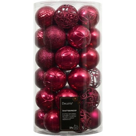 Juego de 37 adornos navideños de plástico, 6 cm, rosa y fucsia. (1/2)