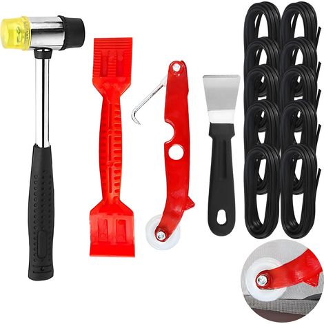 Outils d’Installation de fenêtres Rouleau en Nylon Spline 10 mètres diamètre 4mm avec Marteau grattoir Rouleau démontable et spatule pour Pose de moustiquaire et vitrage Bricolage (1/5)