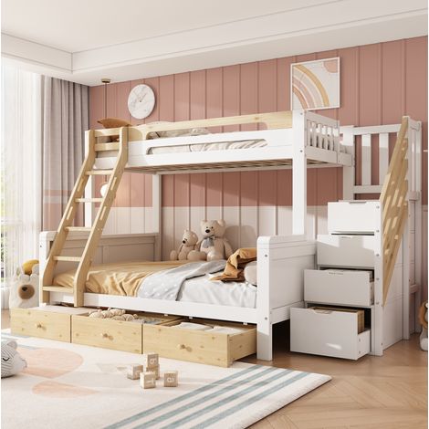 Litera familiar 90x200/140x200 cm con escalera de almacenamiento, escalera y 3 cajones, madera blanca y natural (1/5)
