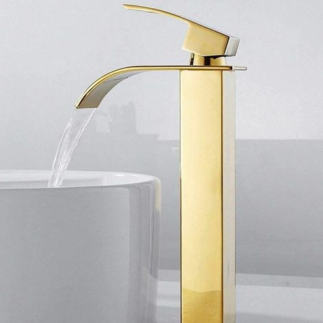 Kaelt - Robinet salle de bain lavabo haut cascade bec pour vasque,Mitigeur eau froide et chau moderne carré chromé trou simple (Doré) (1/5)