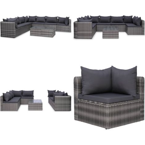 8-tlg. Garten-Lounge-Set mit Auflagen Poly Rattan Grau - Gartensortiment - Lounge Möbel - Outdoor Furniture - Gartenloungesessel - Rattan Gartenmöbel - Home & Living