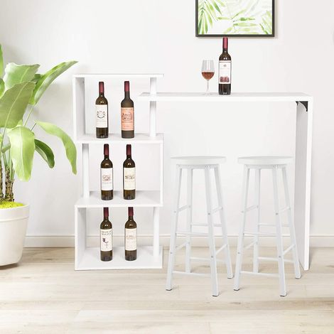 Woltu – Table de bar rotatif 3 tablettes – Structure métal noir – Plateau MDF blanc 97.5x38cm – Hauteur 100cm – 2 tabourets inclus