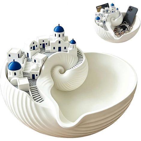 Vide-poches décoratif inspiré de l'architecture de Santorin, plateau en coquillage sculpté pour clés, bijoux et pièces de monnaie, petit plat à bibelots des îles grecques (1/5)