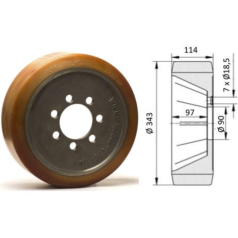 Roue motrice 343 x 114 - 7 trous VULKOLLAN® ( Jungheinrich 50262633 )