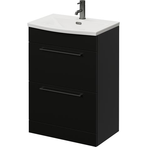 Napoli 390 Matt Black 600mm 2 Drawer Vanity Unit with Arc Basin - 600mm - Gunmetal Grey 320mm Handle