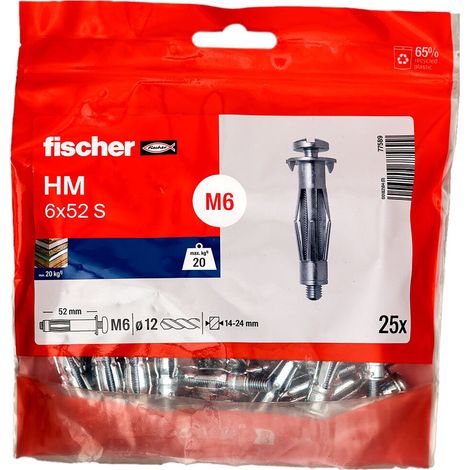 Fischer – Cheville pour corps creux HM-S – Sachet de 25 pièces – Vis métrique Ø – Capacité de charge élevée pour panneaux légers