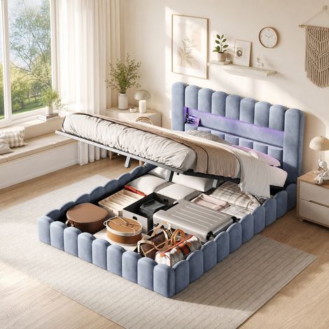 Lit coffre velours gris 180x200 cm, hydraulique, rangement sous lit, tête de lit LED avec rangement et ports USB, troncs d'arbre, sommier à lattes, style moderne