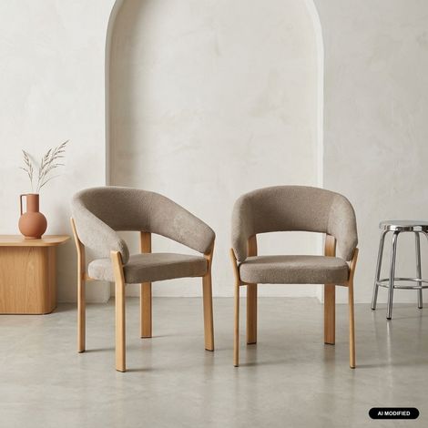 Lot de 2 fauteuils vintage acier effet bois clair et tissu texturé - Gloria Bois clair / Taupe (1/5)