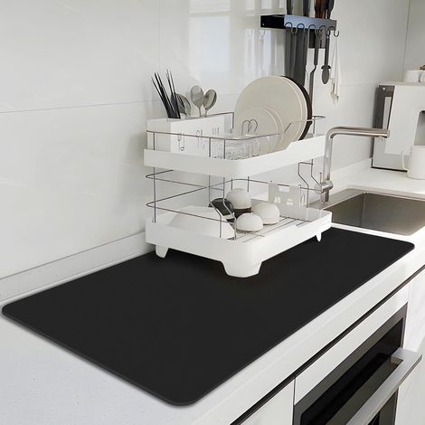 Tapis Égouttoir Vaisselle pour Plan de Travail de Cuisine, 42 x 71 cm, tapis Super Absorbant pour Coin Café, S'adapte Sous la Cafetière, la Machine à Expresso, Tapis Egouttoir Facile à Nettoyer, Noir (1/5)