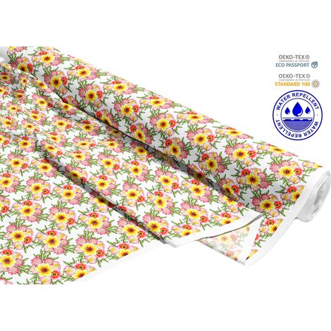 TESSUTI DECORATIVI PER ESTERNI OXFORD - Motivo bouquet giallo-rosa su bianco I DR195 (1/5)