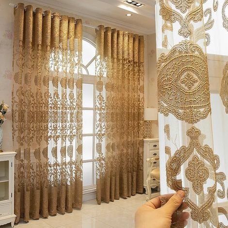 Style européen fleur d'or brodé rideau transparent luxe oeillet top rideau salon rideau panneau tulle décoration 140cm largeur 225cm longueur 2 pcs