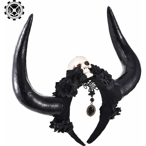 Skull Demon Horn Hair Accessory Cosplay Halloween Comic Con Death God Bull Demon King Black Rose Hair Accessory Bull Horn Pendant Headband (1/5)