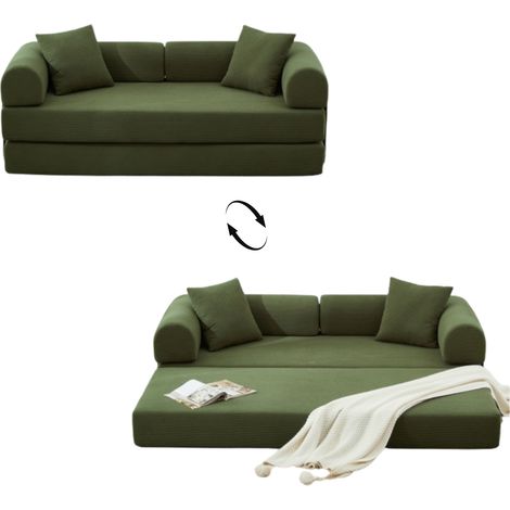 FurnitureR 2-Sitzer Schlafsofa Grün aus Cord, klappbar, 200 cm breites Schlafsofa mit Cord, Schaumstoff und ca. 196 x 200 cm Liegefläche für Gäste und kleine Räume (1/5)