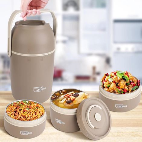Stapelbare Thermo-Lunchbox, isolierte Bento-Box, tragbarer Edelstahl, 3-lagig, stapelbar, auslaufsicher, für Büro, Arbeit, Zuhause, Picknick (1/5)
