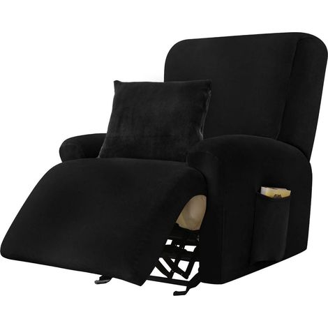 Housse de fauteuil relax 4 pièces extensible en velours avec poches et taie d'oreiller - Noir 1 place (1/5)