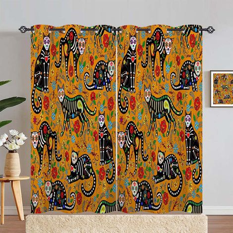 Rideau Occultant Coloré Squelette Chat Fleur Tenture Opaque à Oeillets Draperies Intérieurs Rideau Thermique Isolant pour Maison Chambre Salon Fenetre 2 Pièces L 140 x H 280 cm - 140L X 280H cm (2 Pan (1/5)