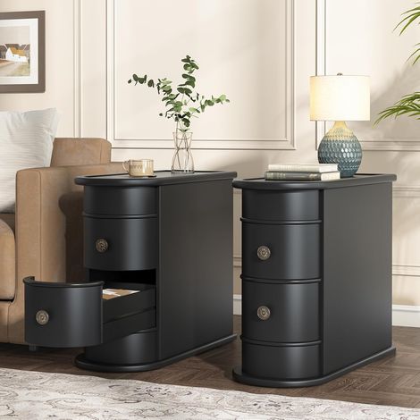 Tribesigns Wood End Table Set of 2, Narrow Solid Side Table 2-Drawer Slim Chair Side Table, No Assembly Required, Finished Back, Black (1/5)