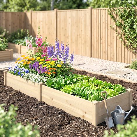 Potager surélevé, 2 zones de plantation, doublure en polaire, résistant aux intempéries, bois massif, 244 cm x 61,5 cm x 27 cm (1/5)