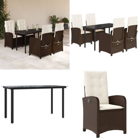 Ensemble à manger de jardin 5 pcs et coussins marron poly rotin - Chaise de jardin - Table de jardin (1/5)