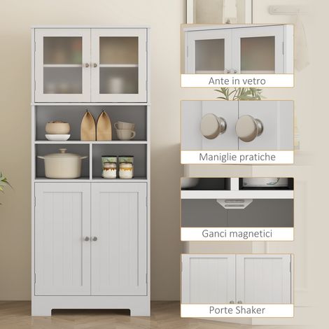 Crédence de cuisine blanche 60x30x145.5 cm, meuble de rangement avec 2 armoires vitrées et 3 étagères ouvertes réglables. (1/5)