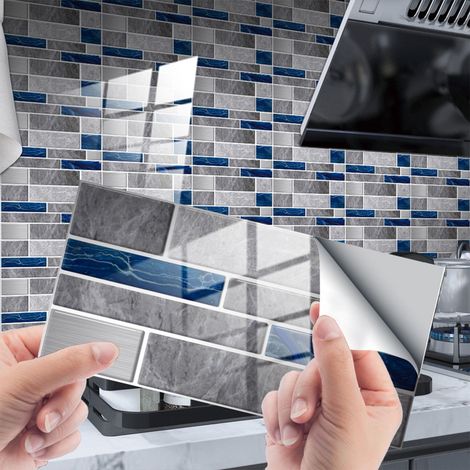 Set di 12 piastrelle autoadesive resistenti agli schizzi, piastrelle da parete in PVC effetto marmo blu-grigio, 10 x 20 cm, adesive impermeabili e rimovibili, per cucina e bagno. (1/5)