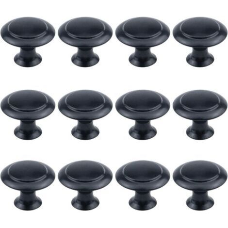 Set of 12 Round Knobs, 2.5cm Diameter, Flat Black Cabinet Hardware with Mounting Screws (1/3)