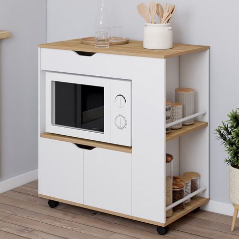 COSI cocina microondas aparador armario con cajón y estantes de especias madera blanca y bandejas de haya L.76 cm