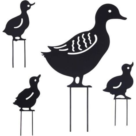 4er-Set Gartenstecker mit Entenmotiven in 4 verschiedenen Ausführungen, Metall-Tiersilhouetten, schwarze Rasenornamente, hohle Stockenten-Kunststatuen, dekorative Accessoires für den Garten