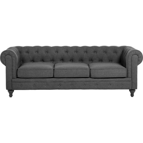 Sofá Chesterfield 3 plazas tapizado gris brazos enrollados estilo tradicional Chesterfield