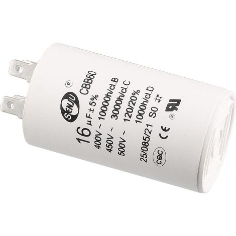 16uF 450V AC 50/60Hz CBB60 Condensateur x 1 Pièce Cylindre Double Insert pour Machines Lavage Électriques Moteur, [Blanc, 72x40mm] (1/5)