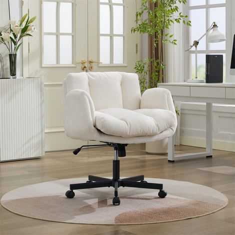 Chaise de Bureau Pivotante Chenille - 57.5x60x92.5cm - Accoudoirs Réglables Double Coussin Hauteur Ajustable - Crème Beige (1/5)