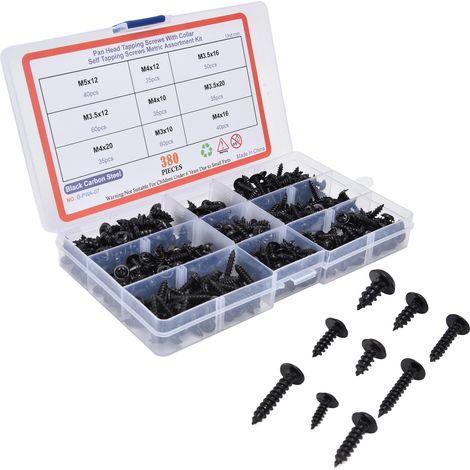 380 Pièces Vis à Tôle Autoperceuses en Acier Carbone Noir, Tête Ronde, Kit d'Assemblage Métallique (1/5)