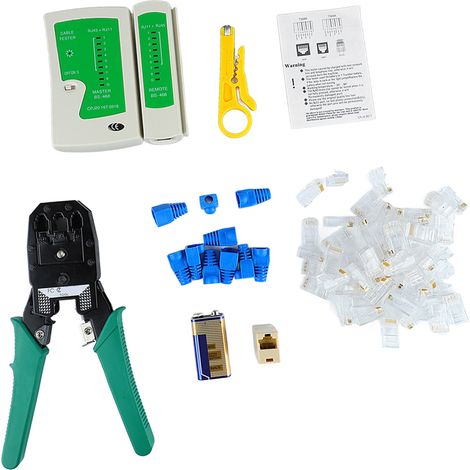 Pince à sertir pour câbles réseau avec tête cristalline et testeur de sertissage, avec dénudeur et pile 9V