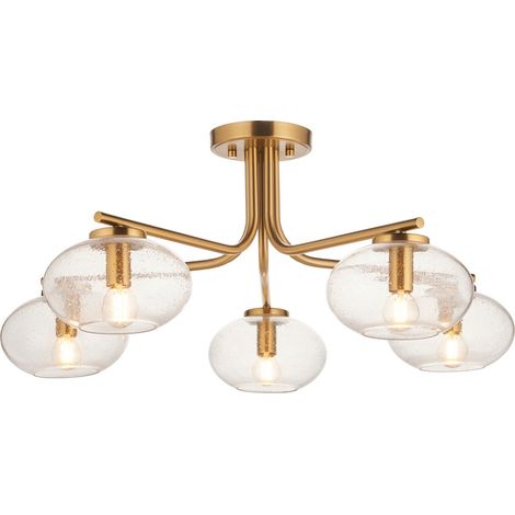 Endon Jacob Plafonnier semi-encastré multi-bras, plaque en laiton chaud et verre bulle transparent, 5 ampoules E14 (1/5)
