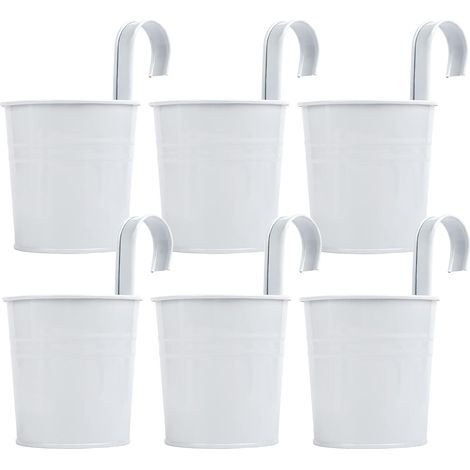 Set mit 6 weißen Metall-Hängepflanzgefäßen mit abnehmbaren Haken. Geeignet zur Gartendekoration. (1/5)