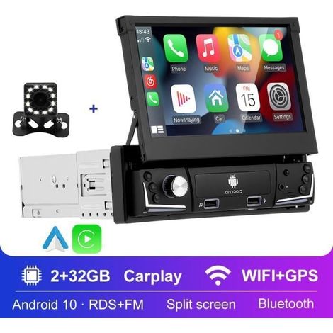 Autoradio GPS Android 10.0 1 Din 7'" Ecran Rétractable 2G+32G WiFi Bluetooth CarPlay et Android Auto sans fil RDS-FM-AUX avec (1/4)