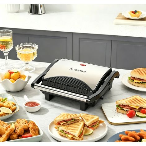 Grill panini Aigostar 1000W acier inoxydable double chauffe, antiadhésif performant compact pour petit déjeuner