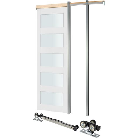 Mophorn Puerta corrediza de bolsillo, 2035 x 765 x 35 mm, diseño con 5 paneles de vidrio esmerilado, incluye kit de herrajes, fabricada en madera maciza y MDF, blanco