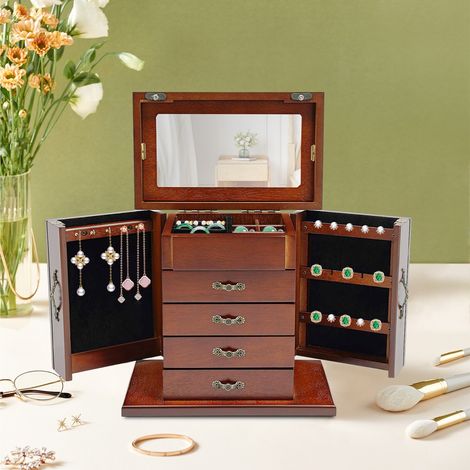 Vintage Boîte à bijoux en bois Boîte à bijoux avec miroir Marron (1/5)