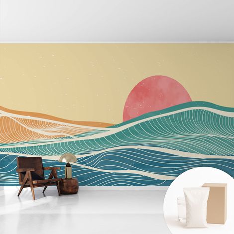 Papier peint intissé décoratif pour chambre et salon Design moderne à poser facilement - Colle incluse gratuite Vagues marines 416x254 cm (1/5)