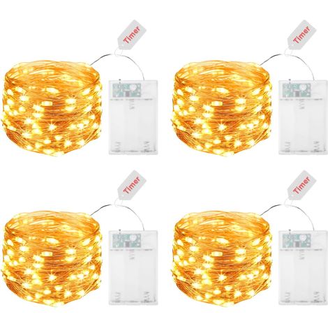 Lot de 4 guirlandes lumineuses à LED avec minuteur - 5 m - 50 LED - Micro fil de cuivre - Guirlande lumineuse d'intérieur - Fonctionnement à piles - Pour fête, Noël, mariage, Halloween, sapin (1/5)