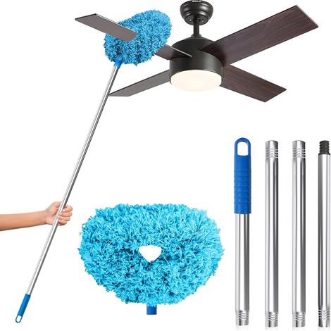Blaue Deckenventilator-Reinigungsbürste  Abnehmbarer, waschbarer Mikrofaser-Bürstenkopf, wiederverwendbar, geeignet zur Reinigung von Deckenventilatorflügeln, Wänden, Bücherregalen, Türrahmen und Fens (1/5)